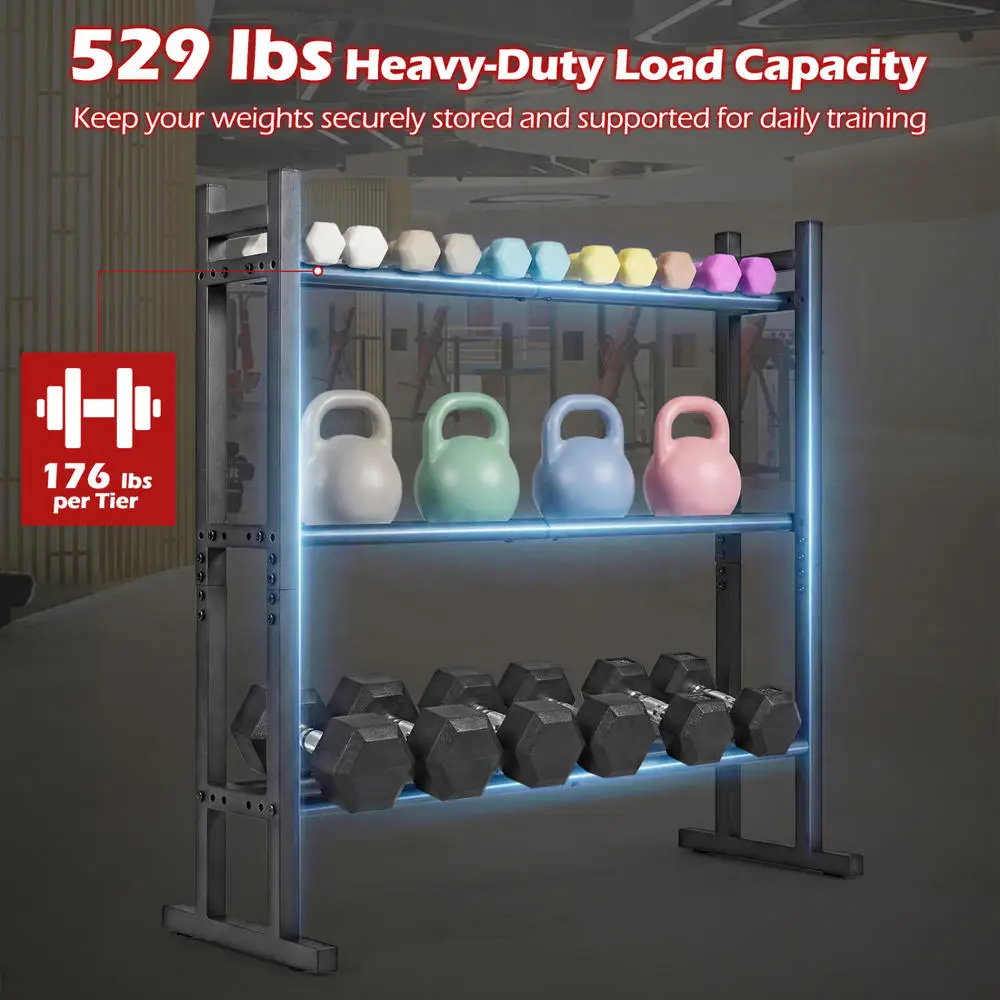 Heavy Duty 3-Tier Dumbbell Rack, Powder Coated Steel Weight Storage Stand With 529 Lbs Capacity, Adjustable Fitness Equipment Organizer For Home Gym Garage, Black - view 6