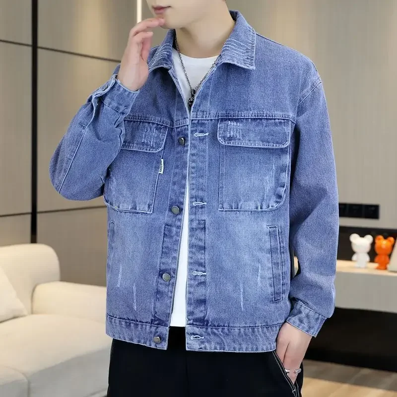 Ripped Button Denim Jackets Man Loose Cowboy Coat for Men With Hole Branded Low Price Trendy Aesthetic Winter Outerwear Menswear