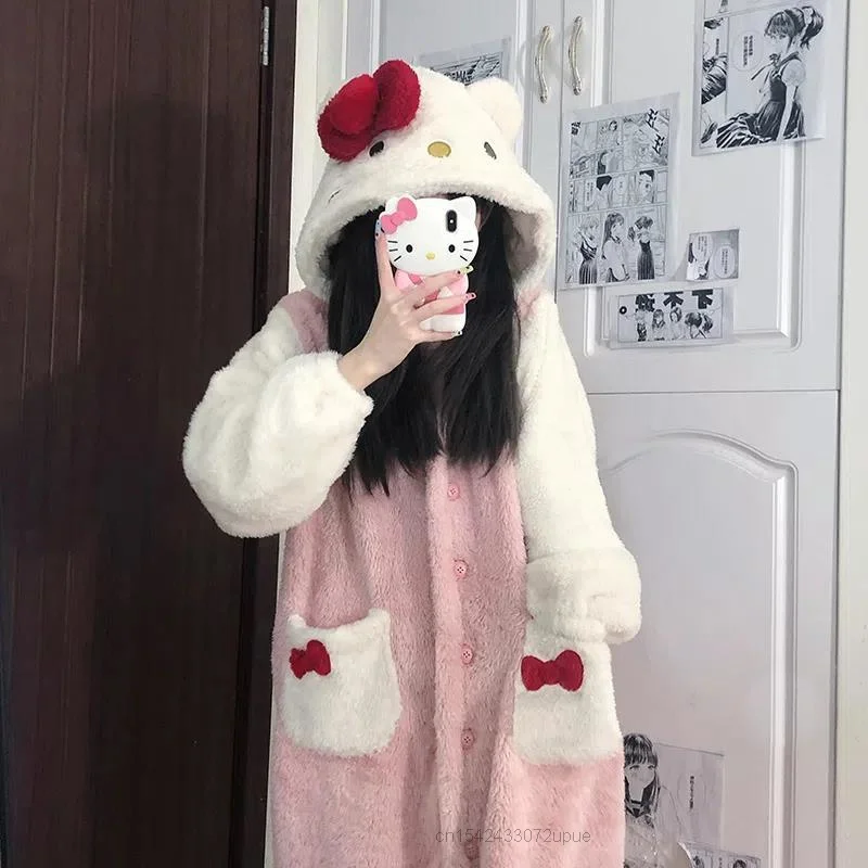 Y2K Cartoon Sanrio Hello Kitty New Plush Home Clothes Women Pajama Robes Hooded Cute Soft Nightgown Female Fuzzy Long Nightdress