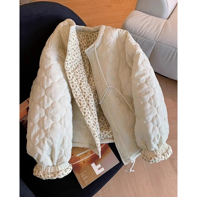 MEXZT Vintage Floral Parkas Women Harajuku Patchwork Puffer Jacket Winter Korean Down Coats Long Sleeve Cotton Padded Outerwears