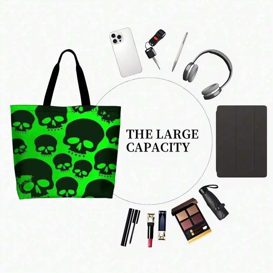 

Neon Green Skull Print Large Capacity Tote Bag For Adults Streetwear Gothic Rave Fashion
