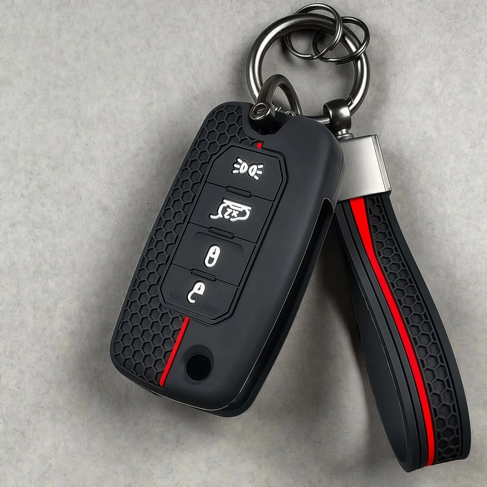 Silikon-Falt-Schlüsselhülle für Jeep Renegade Compass 2016 2019 2020 2021 mit 4 Tasten, geschützter Klappschlüsselanhänger, Zubehör – Detail 3