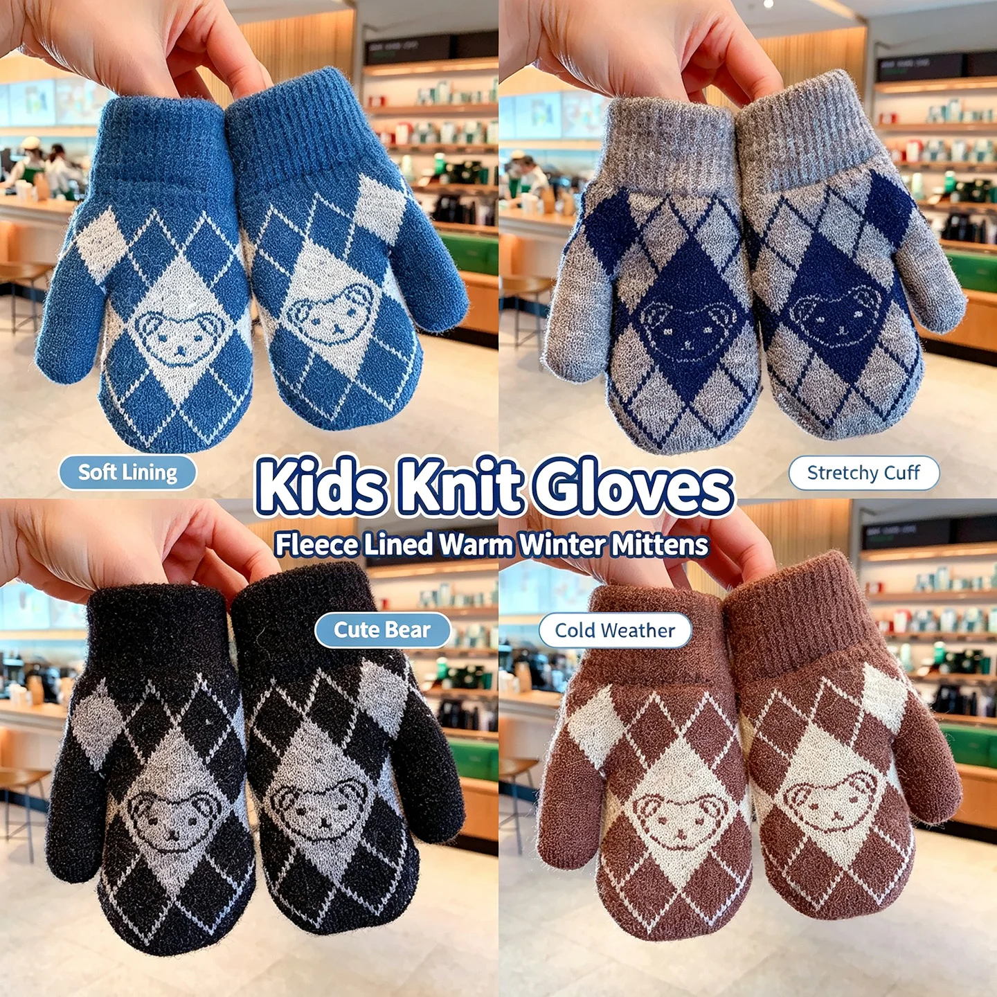 Kinder-Winter-Strickhandschuhe, Fleece-Warm, Argyle-Karo, Einfacher Bären-Jacquard, Dehnbarer Rippenbündsch, Kältebeständig, Vintage-Stil Handschuhe 2026 – Detail 1
