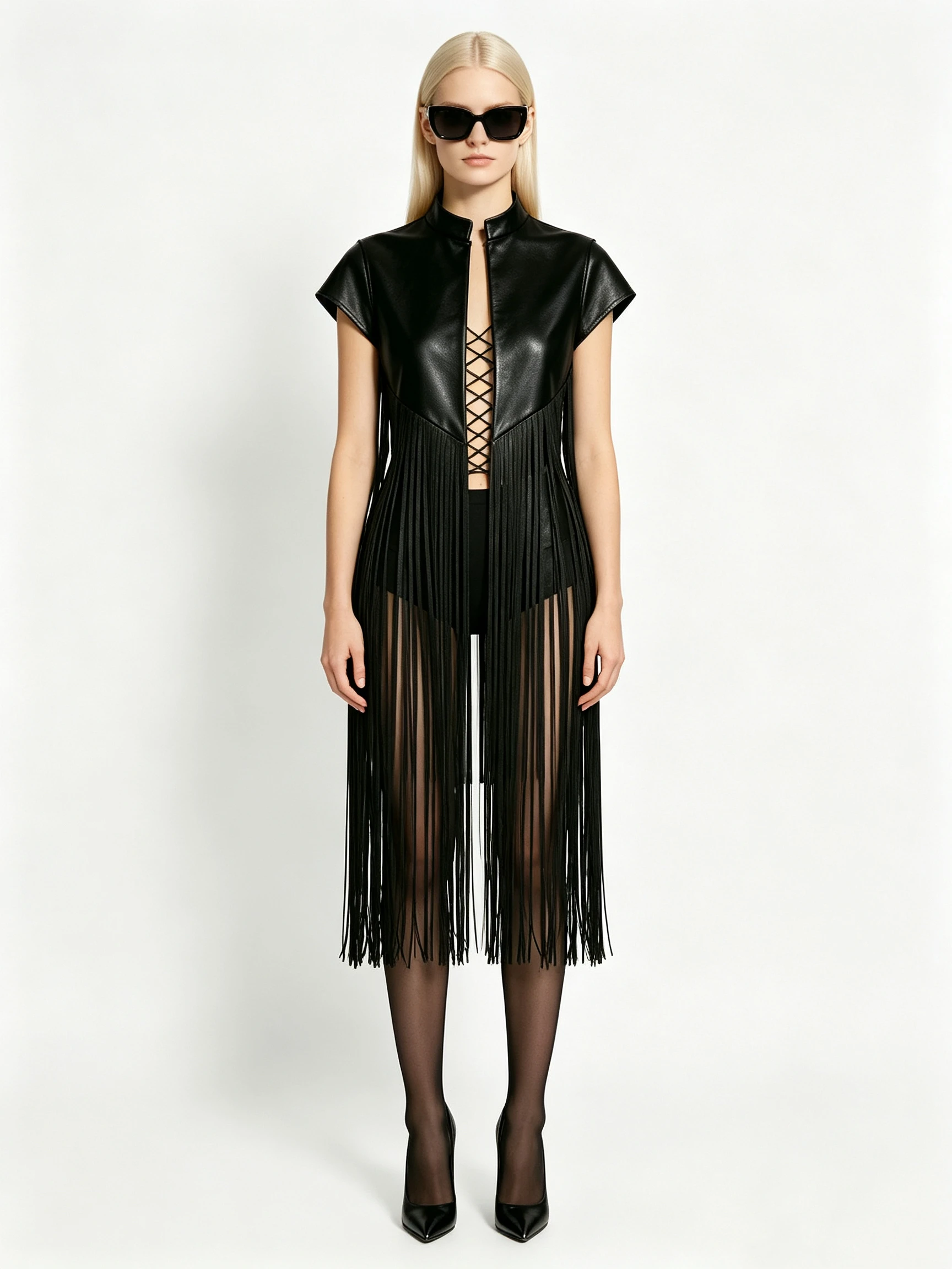 Women's Faux Leather Top with Lace-Up Front and Long Fringe Detail