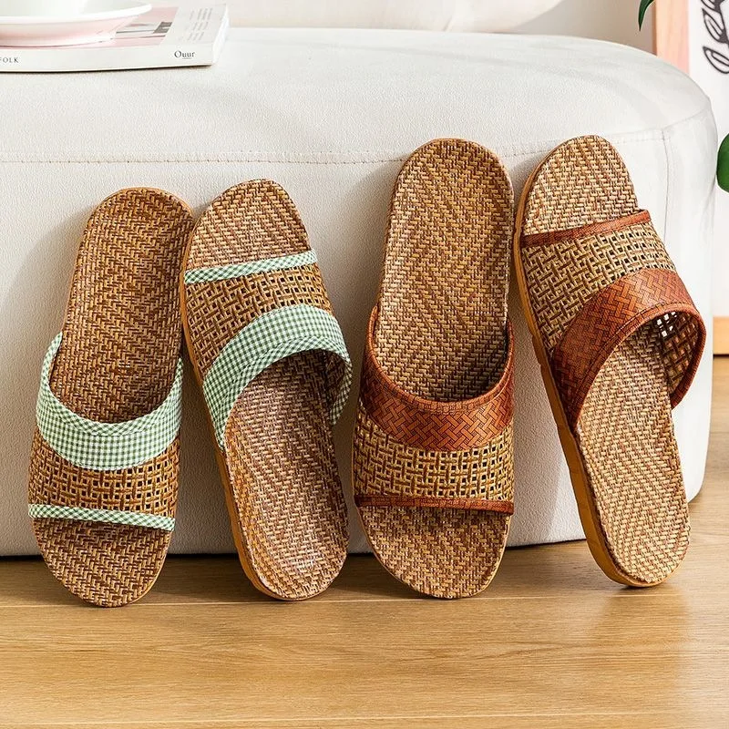 2026 Summer New Linen Rattan Grass Cool Slippers Women's and Men's Home Indoor Floor Slippers Soft Bottom Home Silent view 4