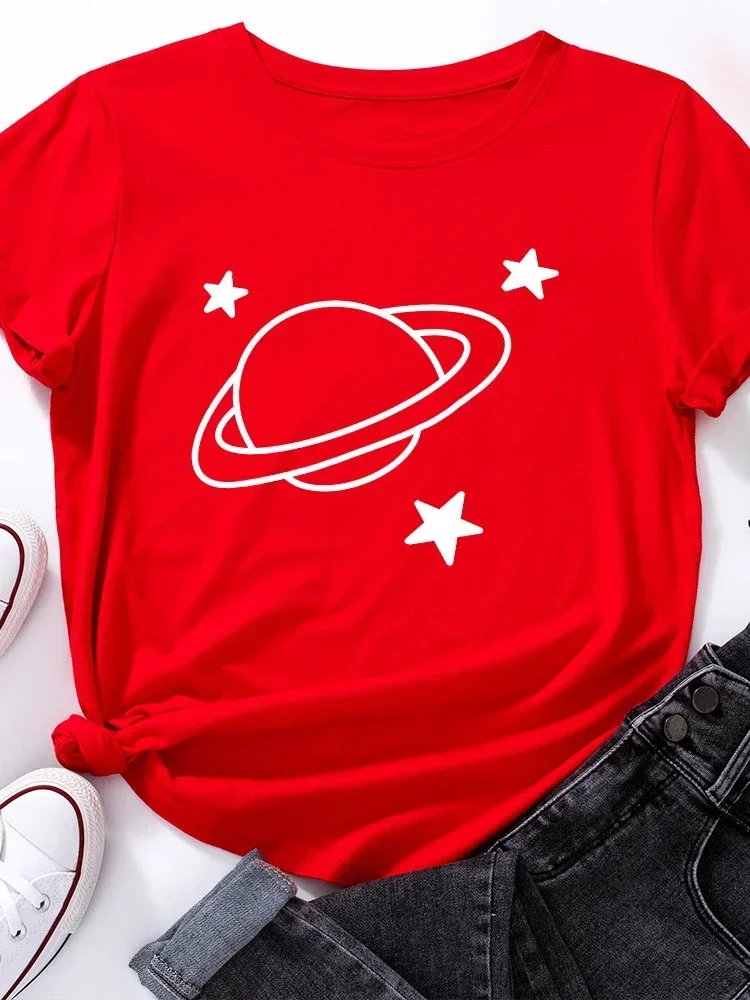 Summer Women Tee Shirt Tops Camisetas Mujer Stars Surround Earth Print T Shirt Women Short Sleeve O Neck Loose Tshirt