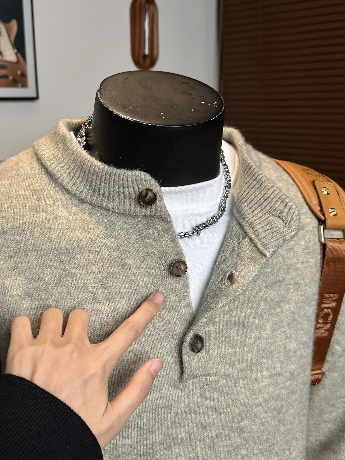 

Мужской трикотаж с тяжелым воротником Генри в американском стиле, осень-зима, ленивый Sle, высококачественная внутренняя одежда Cleanfit, верхний свитер