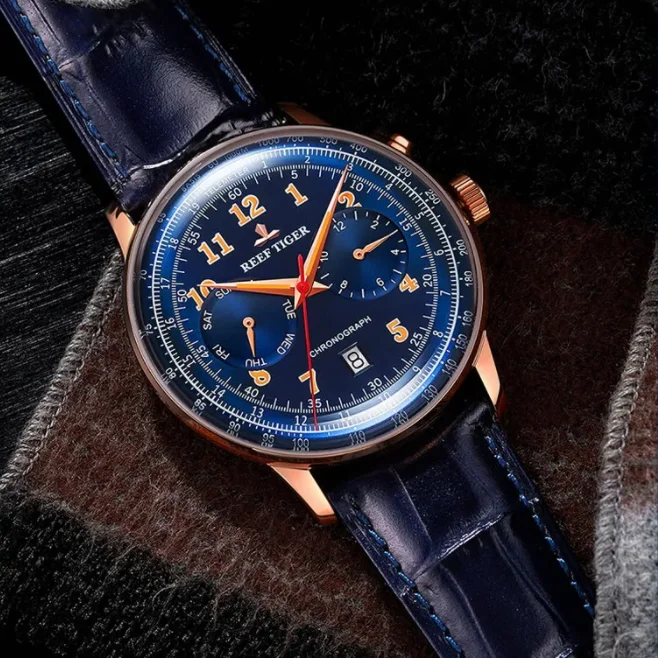 Reef Tiger-Reloj cronógrafo para hombre, reloj de pulsera mecánico automático de 44mm, zafiro luminoso, esfera múltiple, mes, semana, fecha, RGA9122