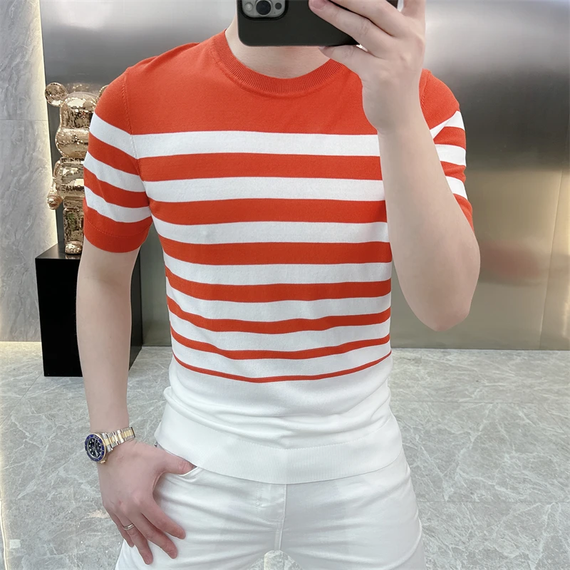 Summer Knitted Round Neck T-shirt for Men Slim Fit Short Sleeve Casual Business Tshirts Ice Silk Breathable Knitted Pullover