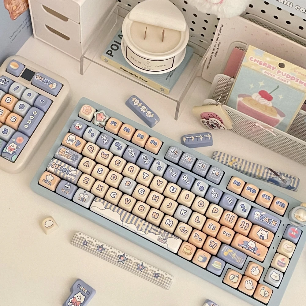 

Moa Little White Bear Keycap 141 Key Pbt Cute Mechanical Keyboard Keycap Cute White Blue Round For87/98/104/108 Keyboard Keycaps