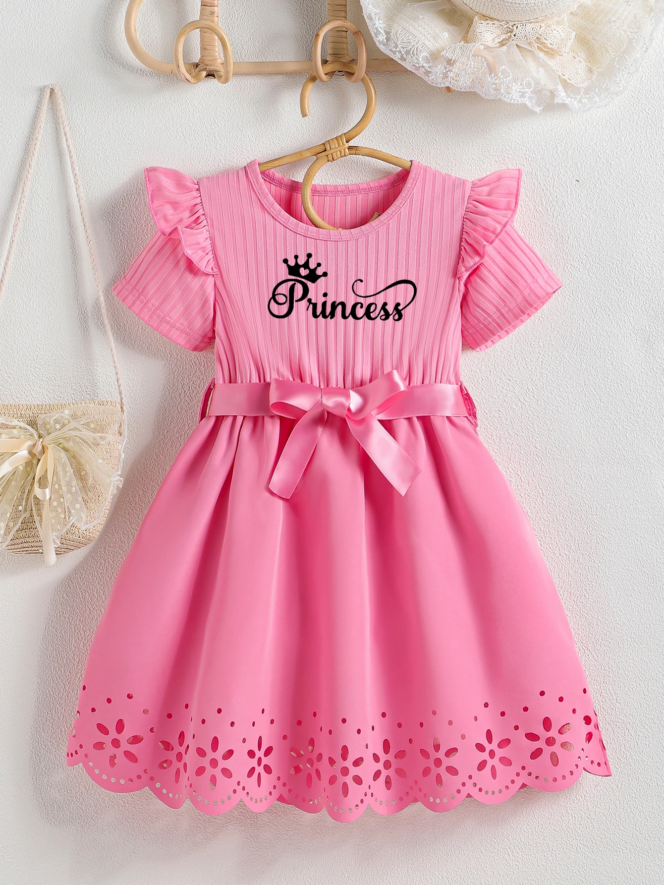 Summer Girls letter Pattern Crew Neck Short Sleeve Ruffle Trim Princess Dress With Belt