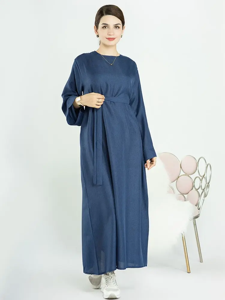 

Ramadan Eid Djellaba Muslim Dress Dubai Fashion Inside Abaya Was Thin Full Length Muslim Robes Islam Robe With Belt WY1329