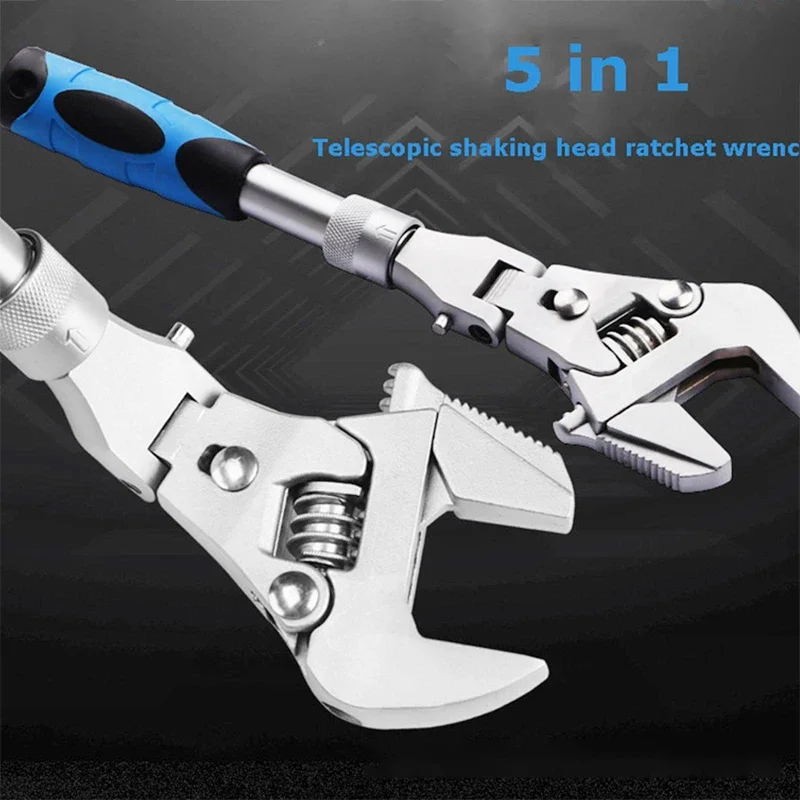 10 Inch Wrench Multi-functional 5-in-1 Adjustable Wrench Folding Shaking Head Ratchet Wrench for Bathroom Air Conditioner Tools