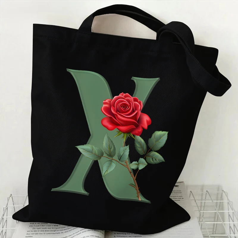 الورود الخضراء A-Z 26 الأبجدية طباعة أكياس للنساء قماش حمل حقيبة تسوق الطلاب الكتب حقيبة كتف قابلة للطي صديقة للبيئة