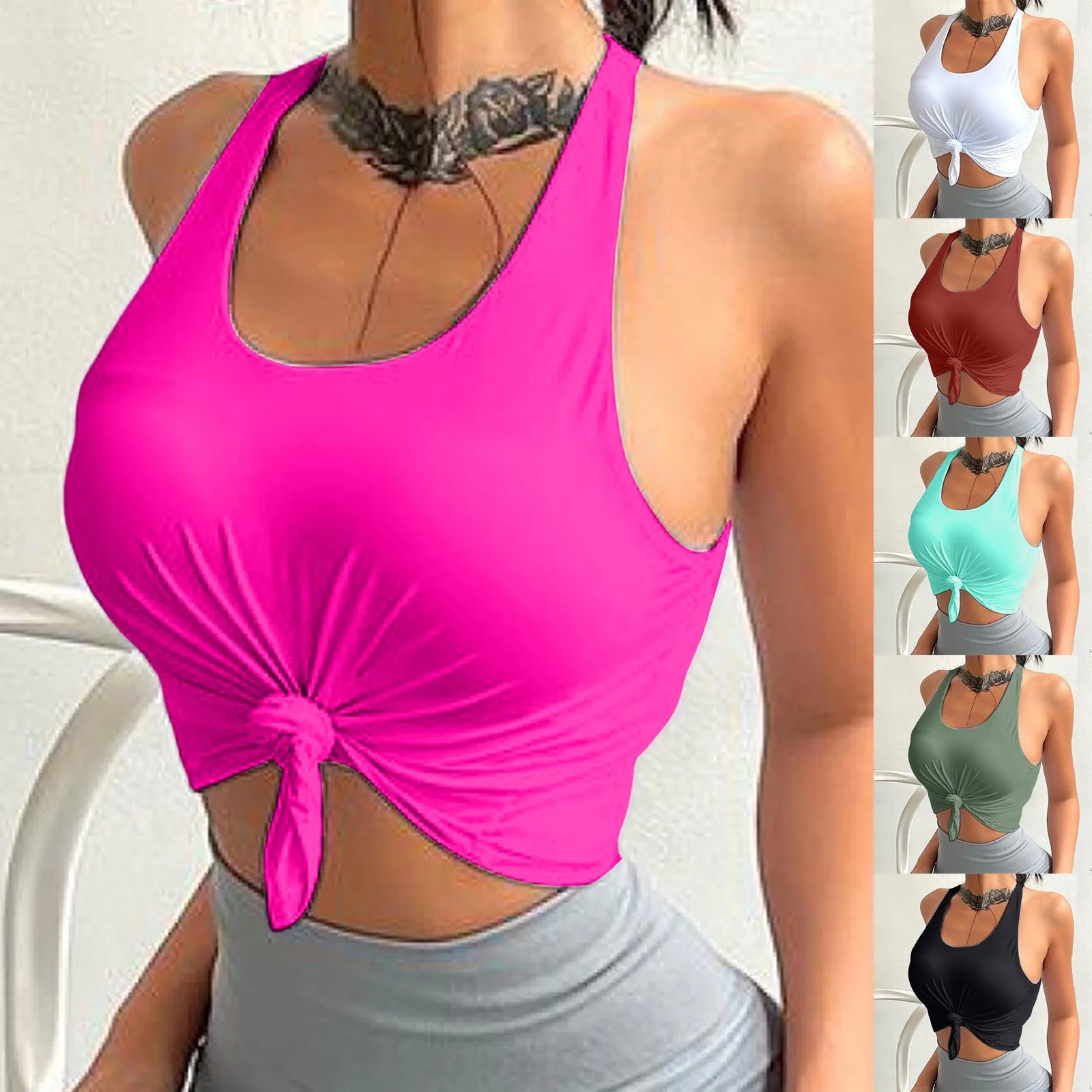 

2024 Women's Cut Out Tie Knot Front Scoop High Neck Tank Crop Top Bow Bikini Swimsuit Top Bathing Shorts For Women Plus Size