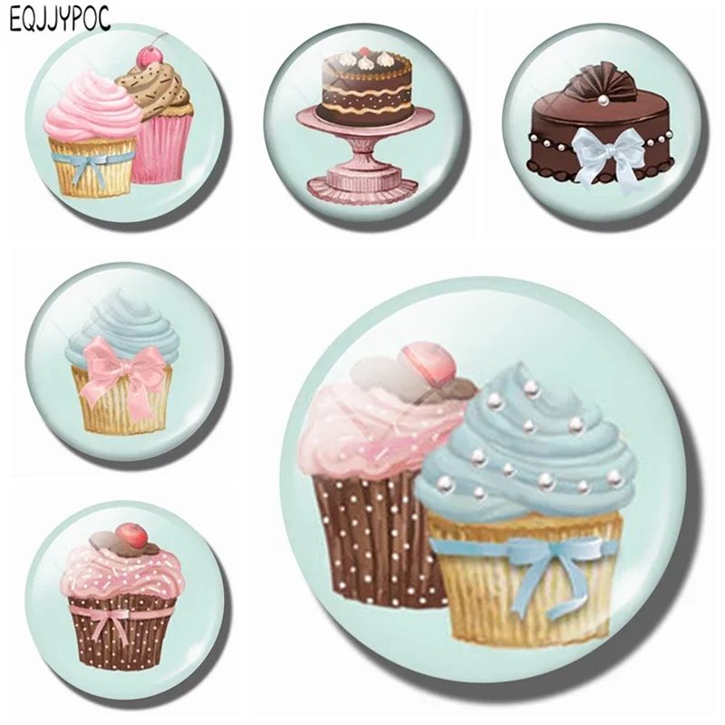 Delicious Cake Glass Fridge Magnet Cupcake 30MM Round Decoration Refrigerator Magnetic Stickers Cute Dessert Pattern Kitchen