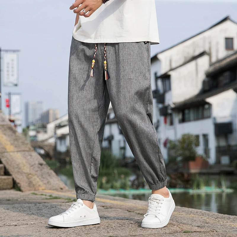 

High-End Linen Cotton Casual Pants Loose Cuffed Summer Men's Faionable Nine-Piece Loose Fit Comfortable Straight Leg Trousers