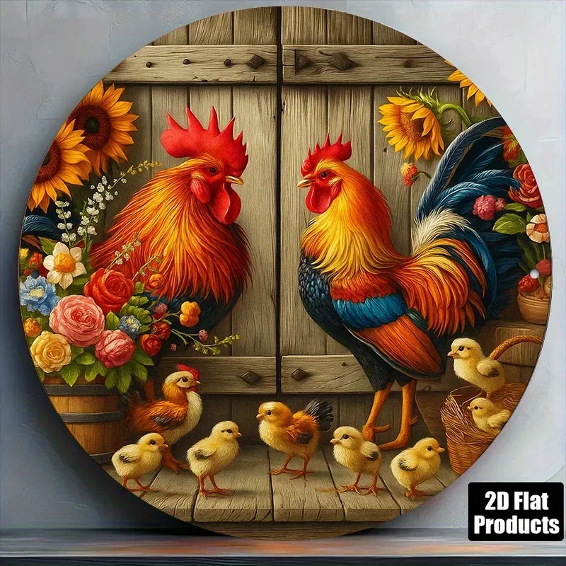 2D Flat,Round Aluminum Sign in French Featuring a Vintage Decor Plaque about 'Retro Farm Chickens', Perfect for Adding