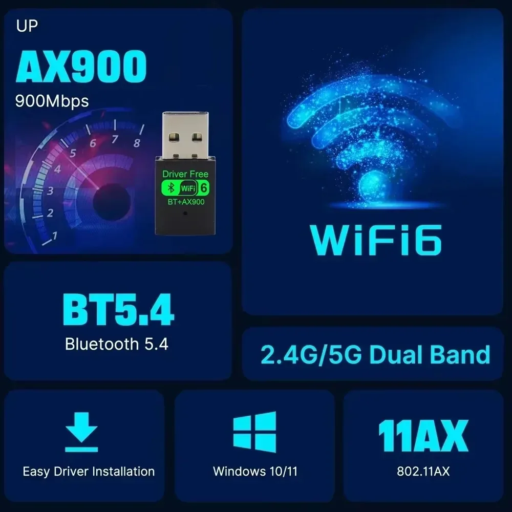 WiFi 6 AX900 BT5.4 USB Adapter Dual Band 2.4G&5GHz WiFi Network Card 2in1 Dongle USB Wireless Network Wlan Receiver Win 10/11 PC