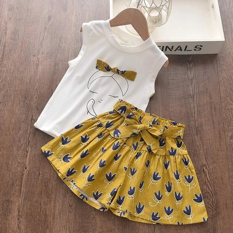 Bear Leader Clearance Sale Summer Casual Girls' Clothing Cartoon Girls Printed Bow T-shirt + Printed Shorts Powder Two-piece Set