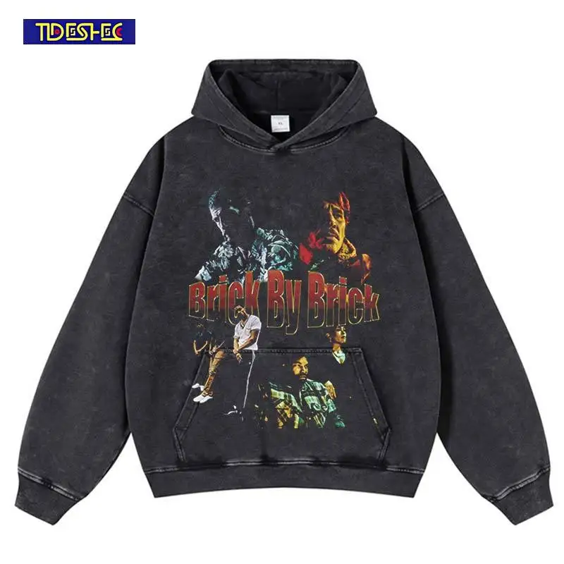 Vintage Sweatshirt Hoodie Hip Hop Streetwear Stretwear Washed Harajuku Pattern Print Portrait Cotton Hooded Oversized Pullover