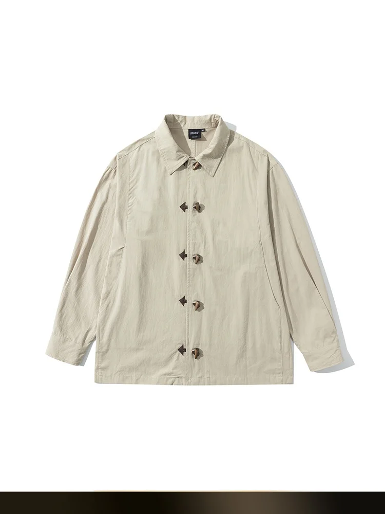 

Новая китайская рубашка свободного кроя с длинным рукавом и воротником, с пуговицами из овечьего рога, осенняя, для пар, в стиле Тан, простая куртка-жакет