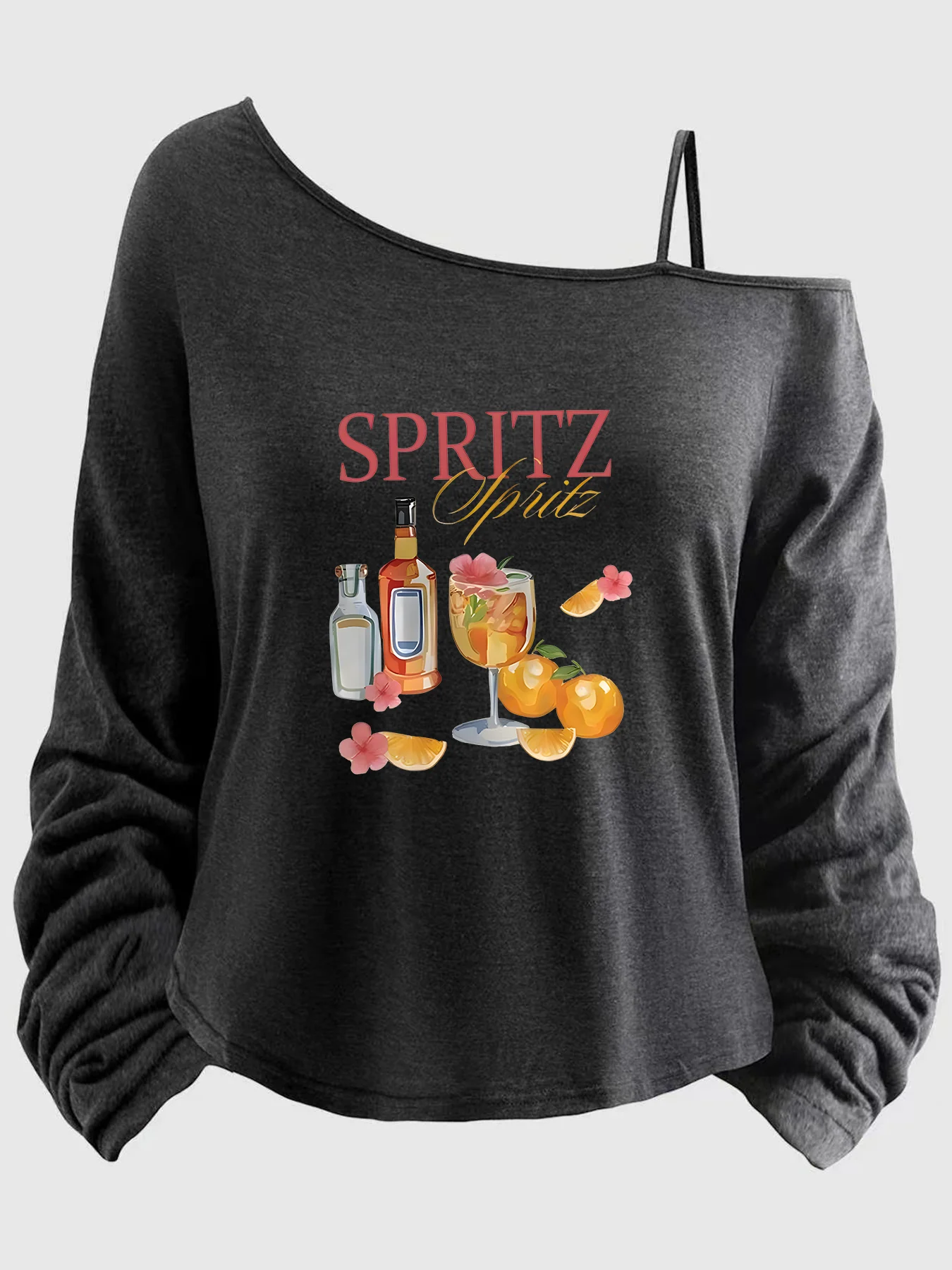

Large-sized women’s top with printed sleeves, spaghetti straps, asymmetrical neckline, 1-8XL, letters (XT).