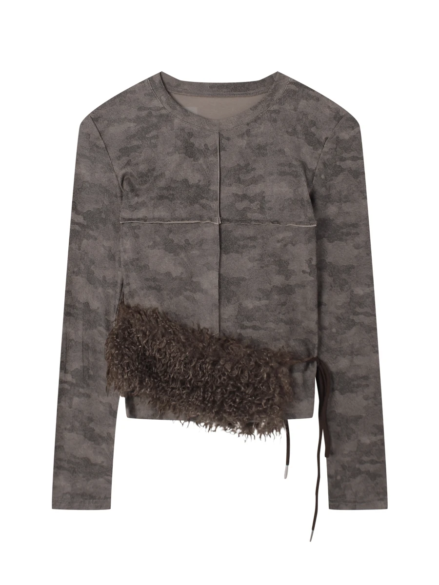 

IAMCPLUS Vintage Sle Long Sve Plu Women's Slim Fit T-irt Retro Patchwork Faux Fur round Ne Top for Ladies