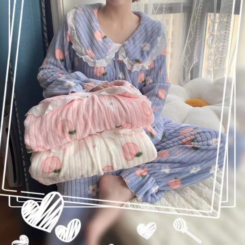 Bonito pijamas terno feminino outono inverno roupas femininas confortáveis pijamas coral velo engrossar doce pijama homewear