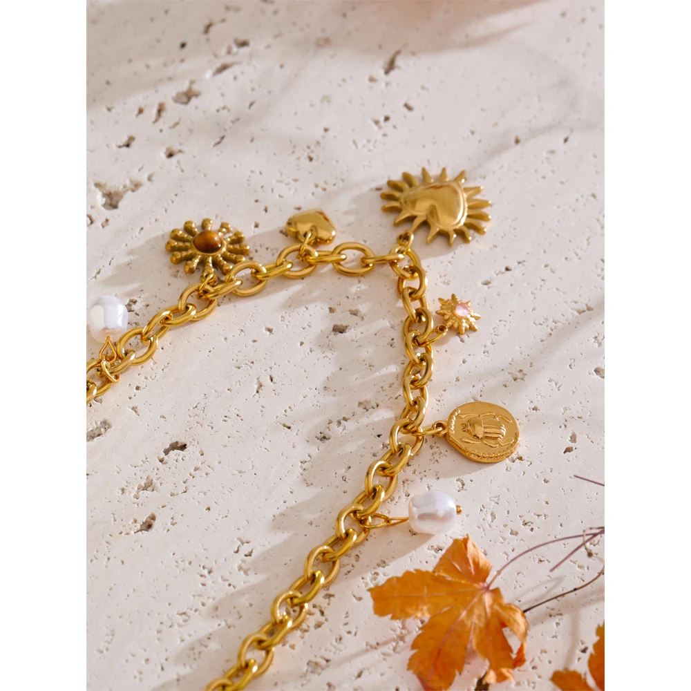 Yhpup Summer Sun Heart Drop Charms Necklace Trendy Stainless Steel Handmade Collar Golden PVD Jewelry Waterproof for Women