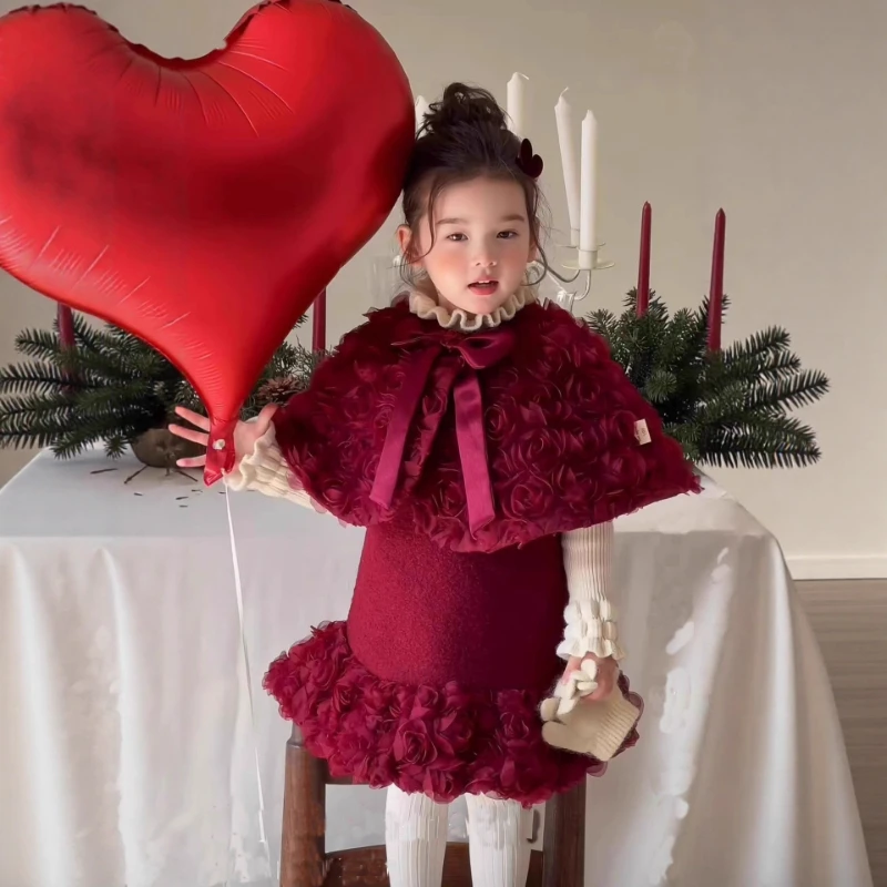 

2025 New Year's Winter Clothing Thickened Warm Cloak and Woolen Dress Princess Dress Two Piece Set