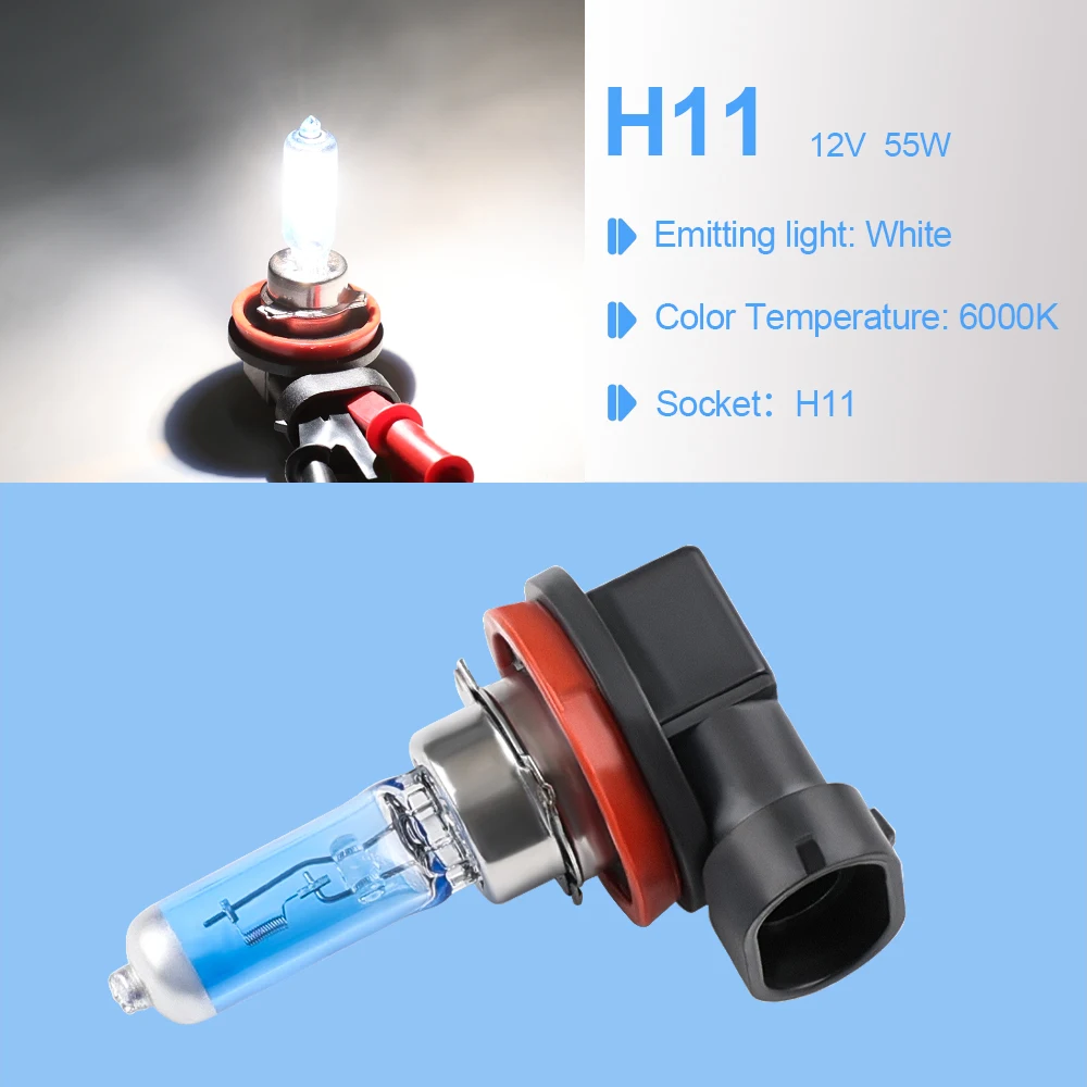 H11 Light Bulbs Car Accsesories 12V 55W H11 Halogen White Light Bulbs Fog Lights 6000K Super Brights Lamps Car Headlights 1 Pair