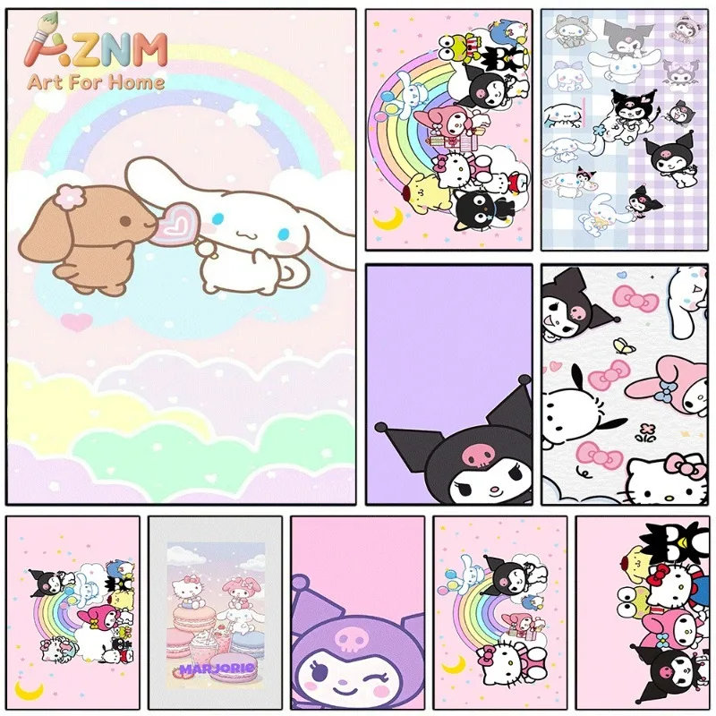 Sanrio Cute Cartoon Poster Cinnamoroll Kuromi Hello Kitty Rainbow Cloud Pastel Background Canvas Wall Art No Frame Girls Bedroom
