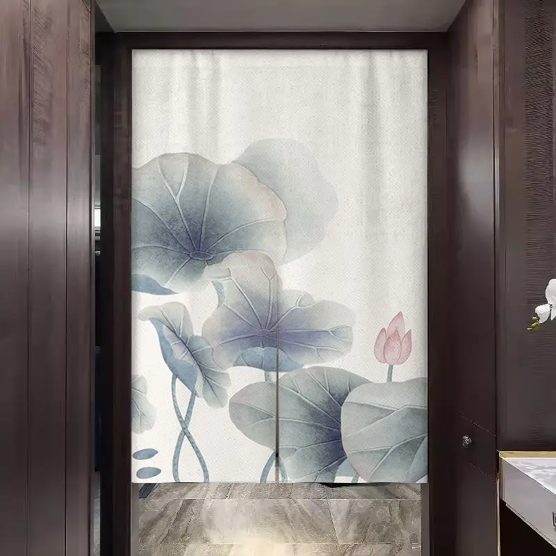 VIKAMA Chinese Ink Blue Grey Lotus Leaf Door Curtain White Background Pink Blossom Bud Minimalist Zen Art Linen Noren Wall Soft