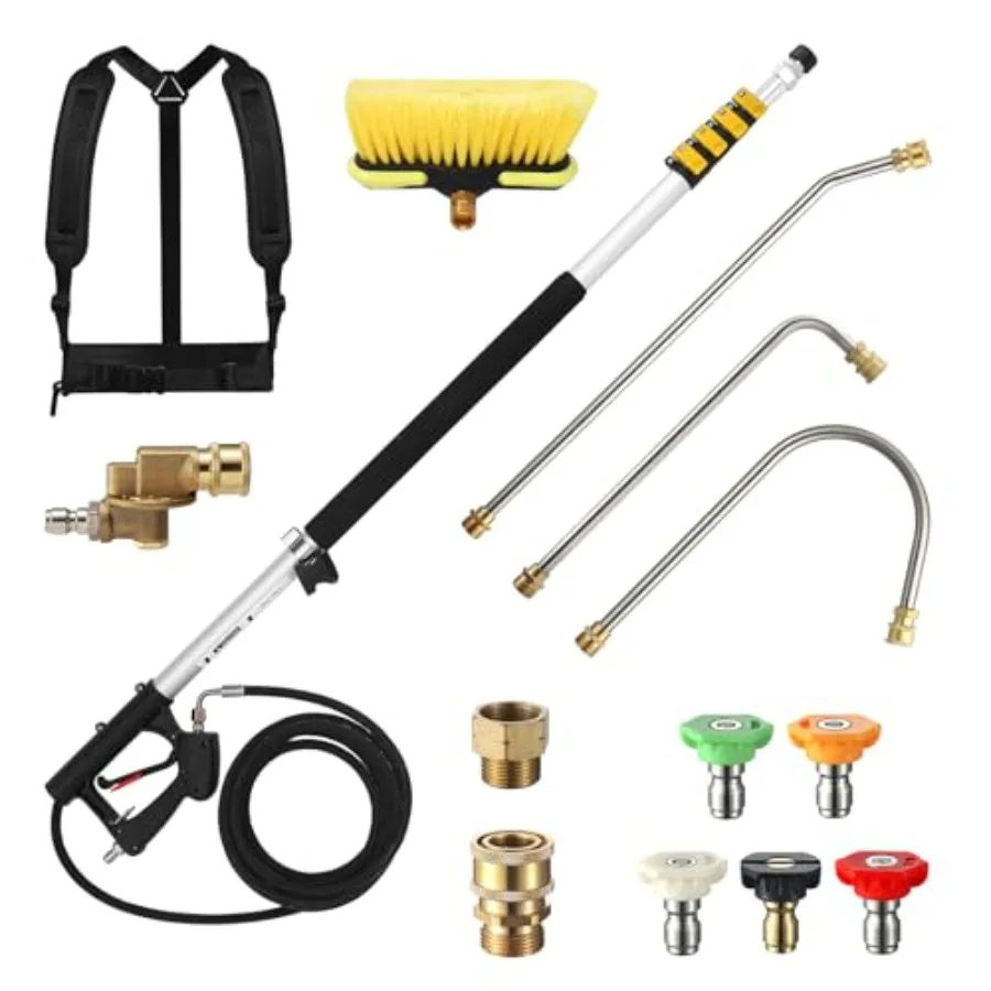 

24 FT Telescoping Pressure Washer Wand with Pressure Washer Extension Wand Brush Head Gutter Cleaner 5 Spray Nozzle Tips 2 Hose