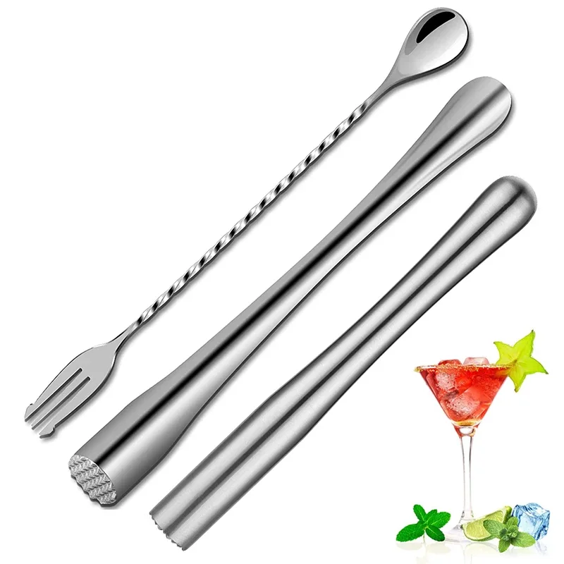 

2Pcs Stainless Steel Cocktail Muddler with Bar Mixing Spoon Cocktail Muddler Long Drink Stirrer Bartender Spoon Bar Accessories