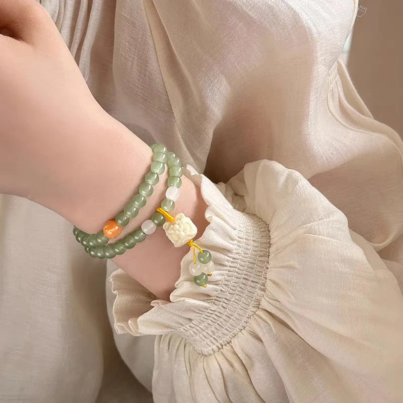 New Hetian Lion Multi Circle Bracelet Women Style Paired White Jade Bracelet Double Circle Buddha Bead Jade Handstring Jewelry