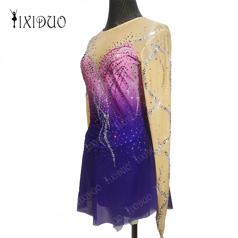 فستان للتزلج على الجليد بأكمام طويلة للبنات ، حجر الراين اللامع ، شبكة يوتار ، ملابس الرقص للرقص الغنائي ، الجمباز الباليه ، 6-16 سنة #4