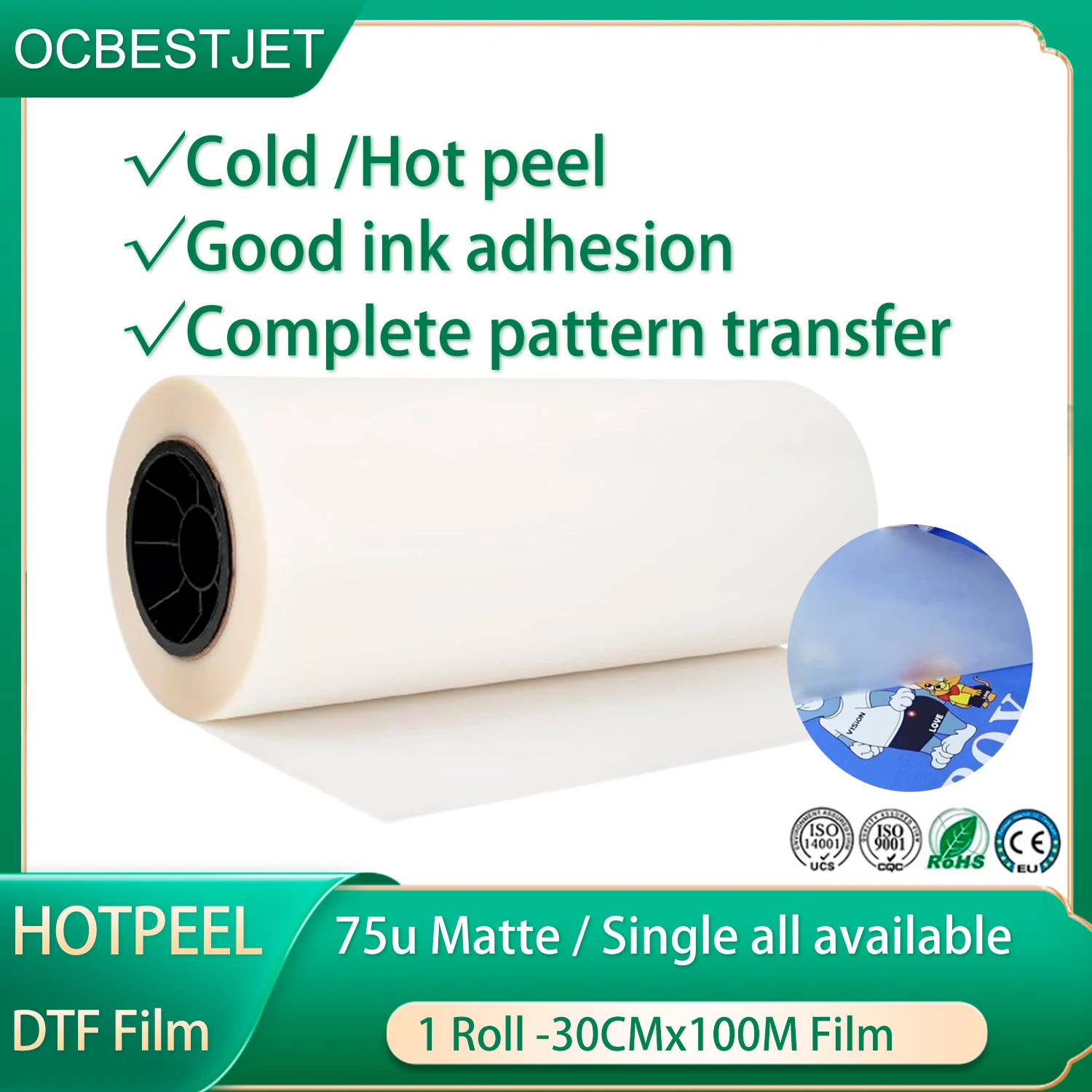 

Пленка DTF в рулонах 30 см x 100 м, термотрансферная пленка DTF Hot Peel, двусторонняя глянцевая/матовая ПЭТ-пленка для термопереноса, холодная прямая печать на пленке для футболок