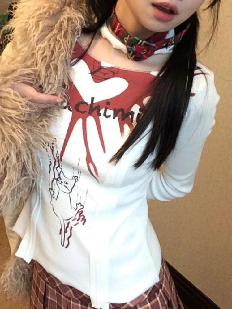 Y2k خمر تي شيرتات طويلة الأكمام متماسكة عادية الحلو المرأة الجوف خارج المرقعة ثقافة فرعية الرجعية الكرتون طباعة 2025 الخريف #4