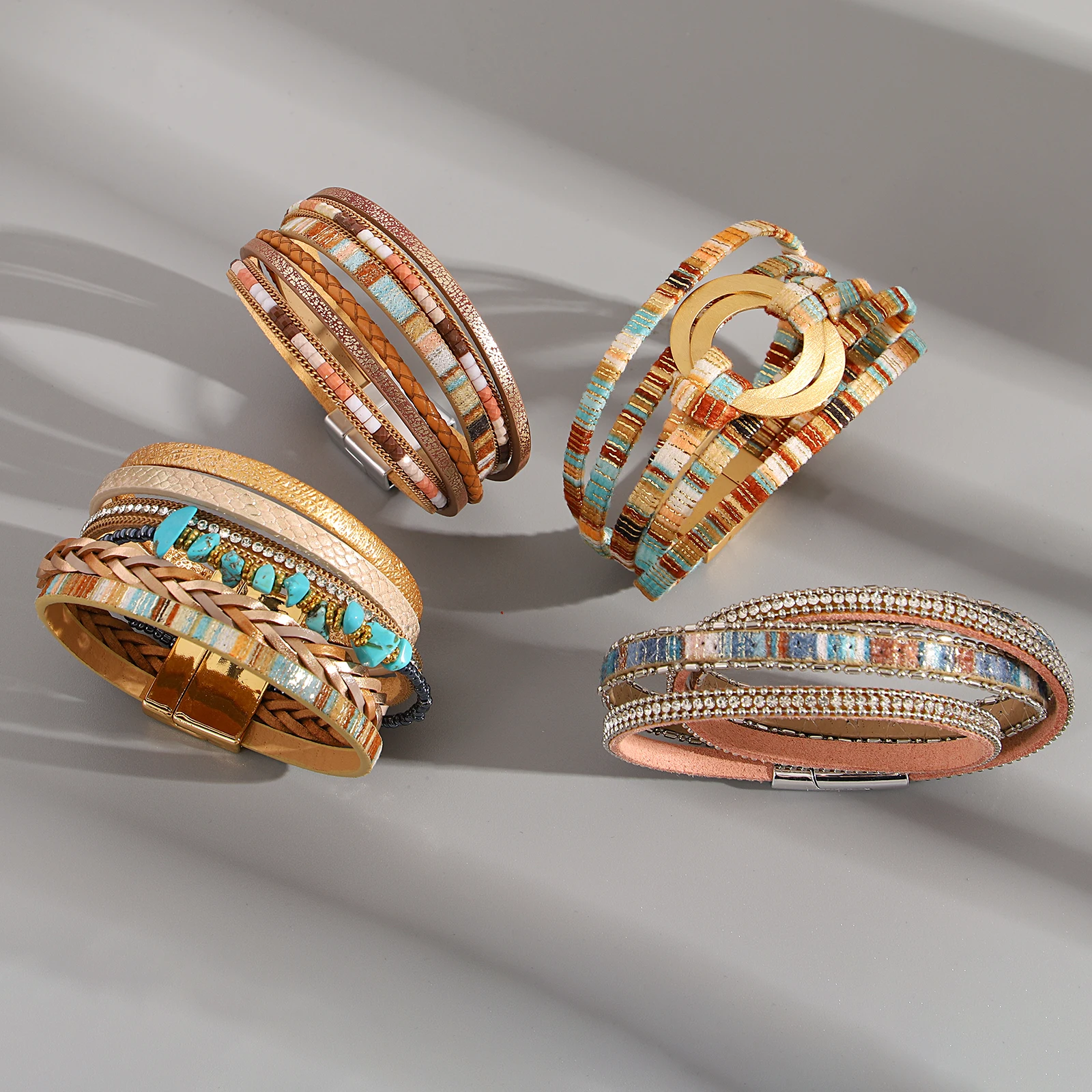 

Amorcome Vintage Irregular Artificial Stone Leather Bracelet for Women Brown Woven Multilayer Winding Bangle Daily Wear Jewelry