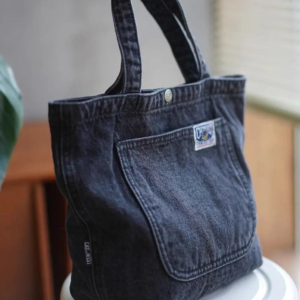 Washed Denim Lunch Bag Creative Food Storage Large Capacity Tote Bag Black Outdoor Handbag