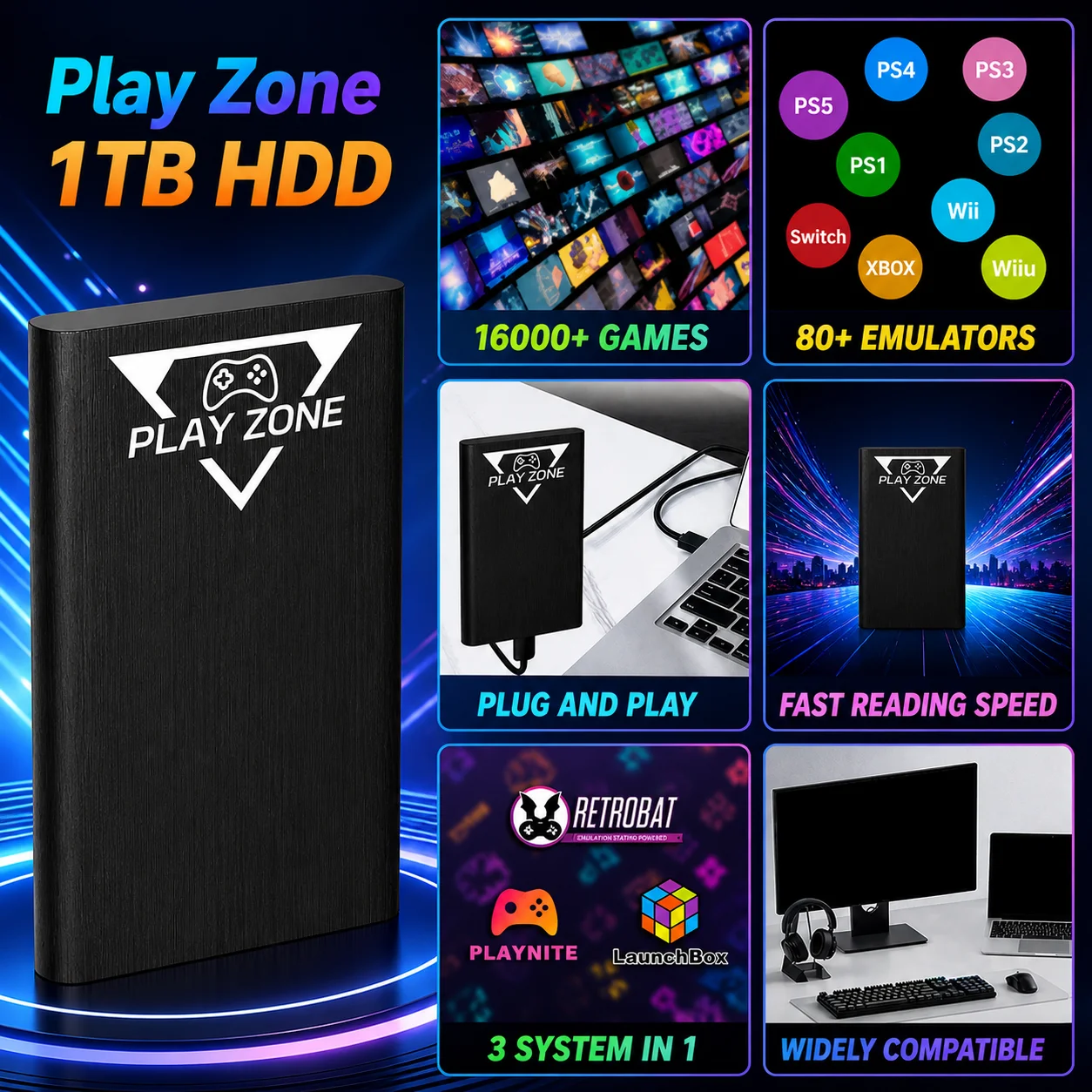 JMachen Play Zone 1TB HDD 3 System in 1 with 16000+Games&80+Emulators for PS5/PS4/Switch/XBOX/PS3/PS2/PS1/Wii/Wiiu for PC/Laptop