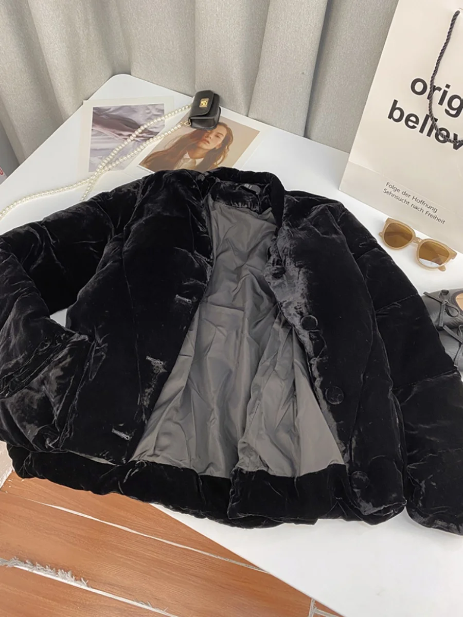 معطف شتوي دافئ للنساء من الريش والقطيفة A208، تصميم أنيق بياقة مستديرة وطول عادي