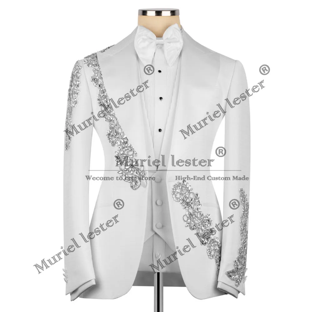 

Rhinestones Beads Suits Men For Wedding Single Breasted Prom Tuxedos Customized 3 Pieces Man Business Party Groom Blazers 2025