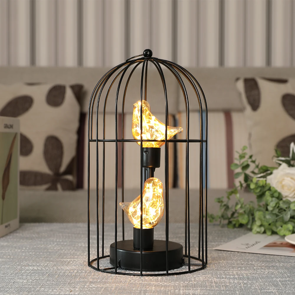 Birdcage Decorative Table Lamp Battery Operated Cordless Accent Light with Warm White Fairy Lights Bird Bulb for Home Decor