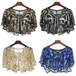 Retro Shawl Glitter Sequins Beaded Deco Evening Cape Dance Bolero Flapper Up