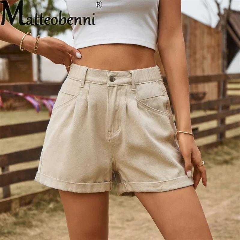 

Summer Button Splicing Loose Waist Denim Shorts Women's Daily Casual Streetwear Solid Color Three Quarter Pants Female Overalls