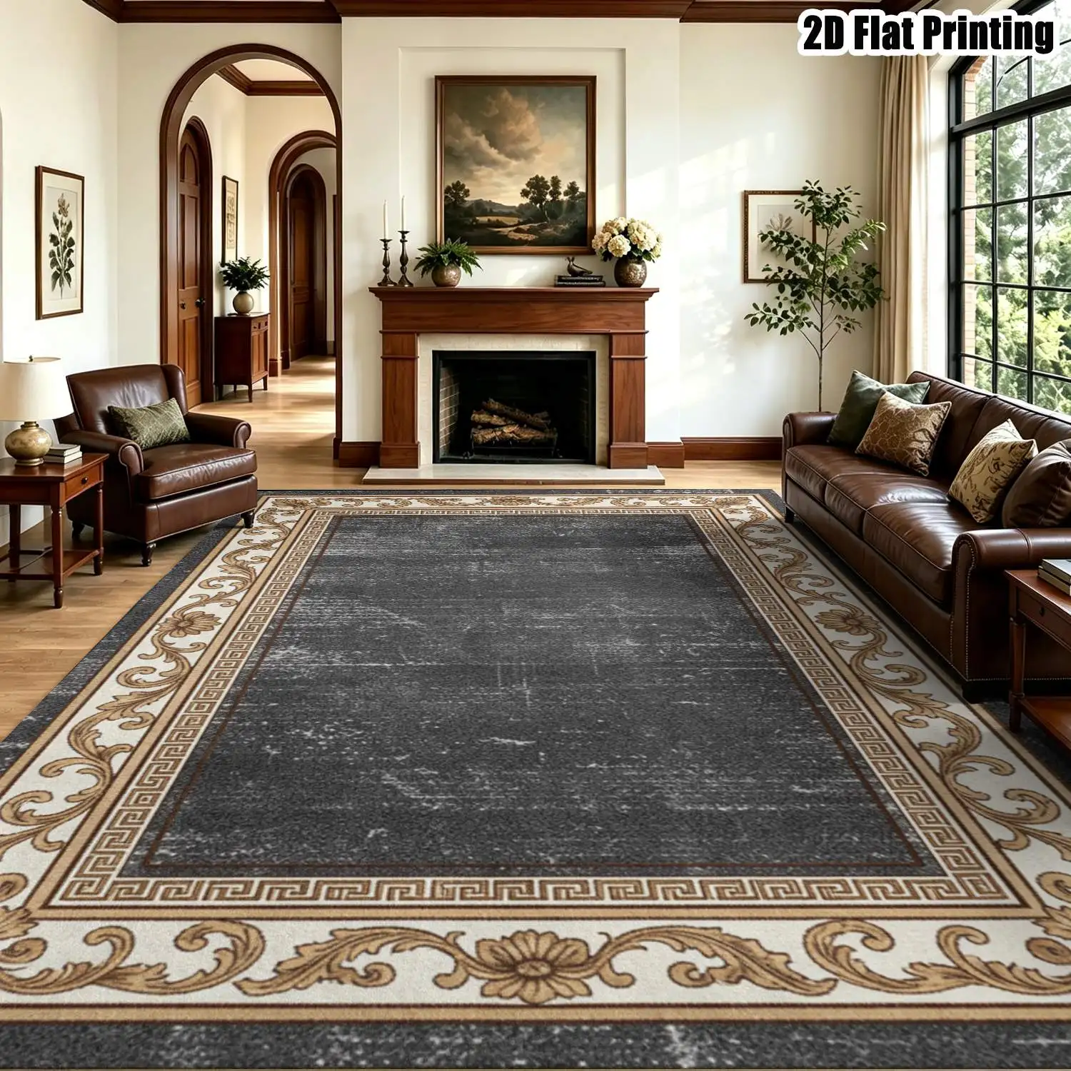 1Pc 2D Printed Retro Black Gold Geometric Border Carpet, Fits European/Modern Minimalist/Nordic Decor, Multi-Size, Machine Washable, for Entryway, Living Room, Bedroom Etc