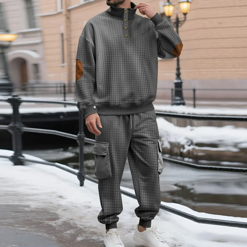 Conjunto de Sudadera y Pantalón Cargo para Hombre KIDWHXR, Diseño a Cuadros, Cuello Alto, Estilo Deportivo Casual, 2 Piezas